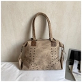 Retro khaki tote bag with dark rivets and round handles for office or travel use - Khaki