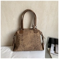 Retro brown faux leather tote bag with stylish V-shaped metal rivet studs and dual handles - Brown