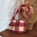 Red and white checkered fleece crossbody bag with a leopard bow teddy bear charm - Red Plaid With Pendant