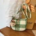 Green and beige plaid plush crossbody bag with cute teddy bear and orange button - Green Plaid With Pendant