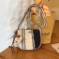 Cute teddy bear charm on cream and grey striped fleece crossbody bag for spring - White Plaid With Pendant
