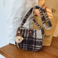 Furry checkered crossbody bag in black and white with cute plush bear charm - Black Plaid With Pendant