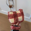 Chic red and beige plaid plush crossbody bag with soft fuzzy texture for autumn - Red Plaid Without Pendant