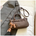 Minimalist dark brown litchi pattern leather handbag with horse charm and dual straps - With Charm / Brown