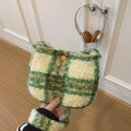 Green and white plaid plush crossbody bag with a fuzzy wool-like texture and orange button - Green Plaid Without Pendant
