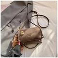 Minimalist dark brown matte leather handbag with cute teddy bear charm and gold metal buckle - Coffee with Pendant
