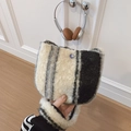 Fuzzy striped plush shoulder bag with button closure in black and grey tones - White Plaid Without Pendant