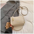 Minimalist cream white square crossbody bag with gold lock and brown teddy bear charm - White with Pendant
