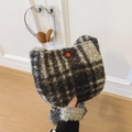 Cat ear plaid plush handbag in black and grey check pattern with red button detail - Black Plaid Without Pendant