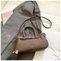 Deep coffee brown lychee pattern handbag with adjustable strap in minimalist trapezoid shape - No Pendant / Brown