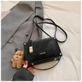 Minimalist black square handbag with gold rivets and brown plush puppy charm - Black with Pendant