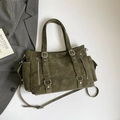 Sac fourre-tout vert olive en cuir vieilli avec grande capacité et rivets argentés - Vert
