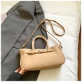 Minimalist apricot textured leather shoulder bag with circular handles and long strap - No Pendant / Brown