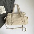 Creamy beige chic large capacity tote bag with multi-zipper pockets and adjustable strap - White