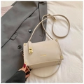 Elegant beige rectangular crossbody bag with gold stud trim and metal twist lock detail - White Without Pendant