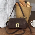 Elegant dark brown suede square bag with a rectangular gold buckle in a French retro style - Brown