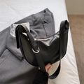 Minimalist black leather hobo shoulder bag with a wide strap and silver metal buckle - No Pendant / Black