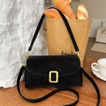 Minimalist black suede square bag for women with a prominent gold metallic buckle detail - Black