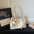 Minimalist large white tote bag with long straps and a cute plush puppy charm - White (With Charm)