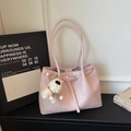 Pink faux leather tote bag with long straps and a cute plush puppy charm accessory - Pink (With Pendant)