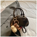 Vintage dark brown mini square handbag with cute plush puppy charm and golden hardware detail - With Charm / Brown