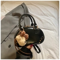 Vintage black semi-oval handbag with glossy PU leather finish and cute dog charm pendant - With Charm / Black