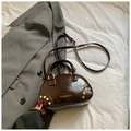Dark brown glossy leather small square handbag with gold rivets and cross-body strap - No Pendant / Brown