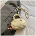 Cream white mini Boston bag with gold rivets and adjustable shoulder strap for women - No Pendant / White