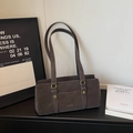 Minimalist dark grey underarm bag with double handles and decorative gold rivets - Coffee No Charm