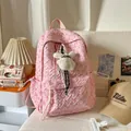 Pink quilted backpack with bow embroidery and plush bunny pendant for students - With Charm / Pink