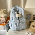 Light blue quilted backpack with pink bow print and cute plush bunny charm for students - With Charm / Blue