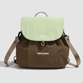 Brown and green colorblock casual backpack with adjustable straps and front flap closure - Brown
