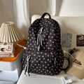 Black pleated backpack for women with pink bow embroidery and woven drawstring detail - No Pendant / Black