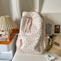 Quilted cream backpack with pink bow print and colorful tassel zippers for school - No Pendant / White