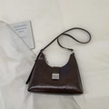 Dark brown polished leather hobo shoulder bag with silver square buckle and long strap - Brown