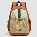 Brown and beige color block backpack with green accents and large storage drawstring area - Lime Orange