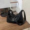 Classic black soft leather hobo bag with large capacity and stylish wide shoulder strap - Black without Pendant