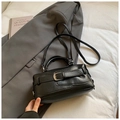 Chic black leather pillow bag with stylish buckle strap and adjustable shoulder strap - No Pendant / Black