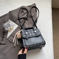 Vintage black leather and grey plaid backpack with a cute bear plush charm - Black with Pendant
