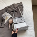 Silver retro PU leather backpack for women with check pattern and cute bear charm - Silver (With Pendant)