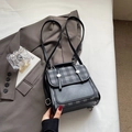 Minimalist black and grey checkered backpack with silver ring buckles and leather straps - Black without Pendant