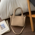 Beige litchi grain leather bucket bag with top handles and adjustable shoulder strap - Khaki (No Pendant)