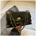 Black quilted shoulder bag with gold chain strap and crinkled leather finish - Black