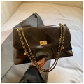 Quilted dark brown tote bag with gold chain strap and metallic buckle closure - Brown