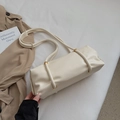 Creamy white cylinder Boston bag with pleated texture and golden metal hardware - No Pendant / Off White