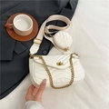 White quilted crossbody bag with gold chain strap and mini round coin purse detail - White