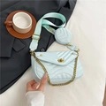 Light blue V-quilted crossbody bag with gold chain strap and matching coin purse - Blue