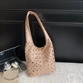 Beige hobo bag with silver round rivet decorations and a stylish shoulder strap design - Khaki