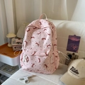 Pink pleated backpack with cute red bow print and large capacity for casual school use - Pink