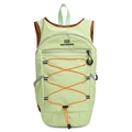 Leichter mintgrüner Outdoor-Rucksack mit orangefarbenen Bungee-Seilen und braunem Besatz - Hellgrün